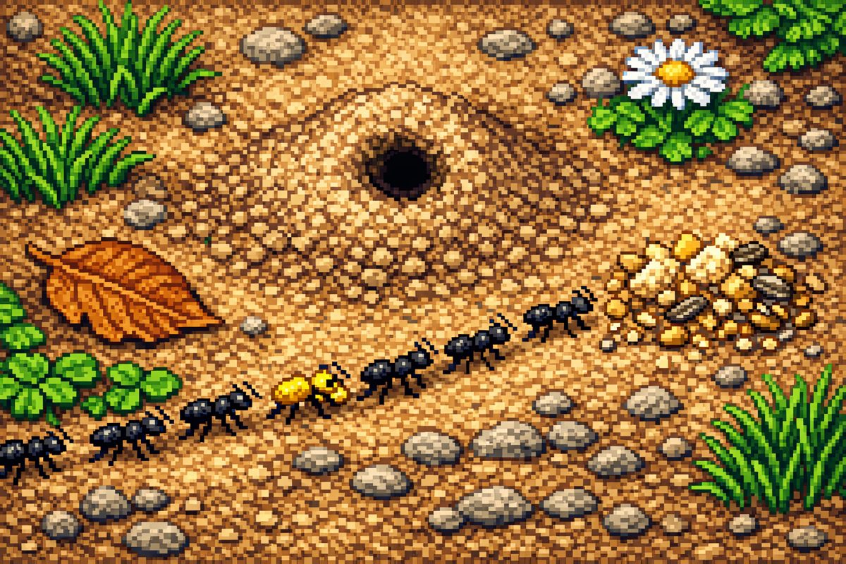 Le jardin vu de dessus : une file de fourmis noires et la fourmi jaune près du nid